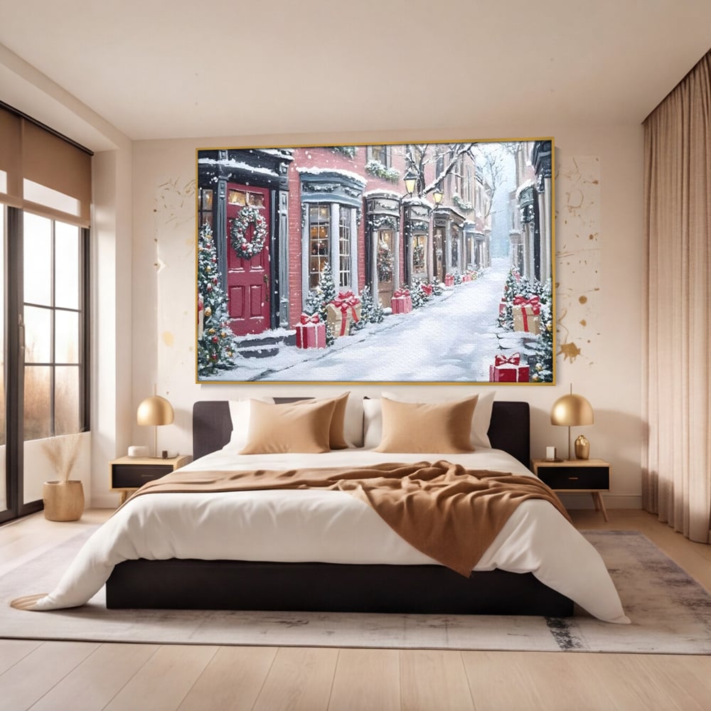 Tablou canvas cu tablou canvas cu strada urbana de iarna, in rama de aluminiu auriu, pe perete intr-un dormitor